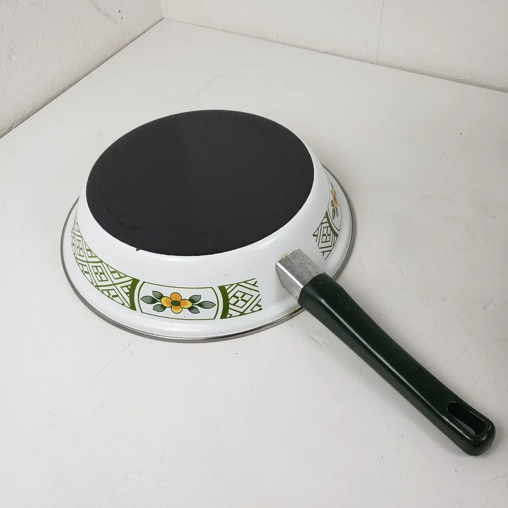 Vintage Enamelware Frying Pan White Green Floral Retro 10 Inch Skillet